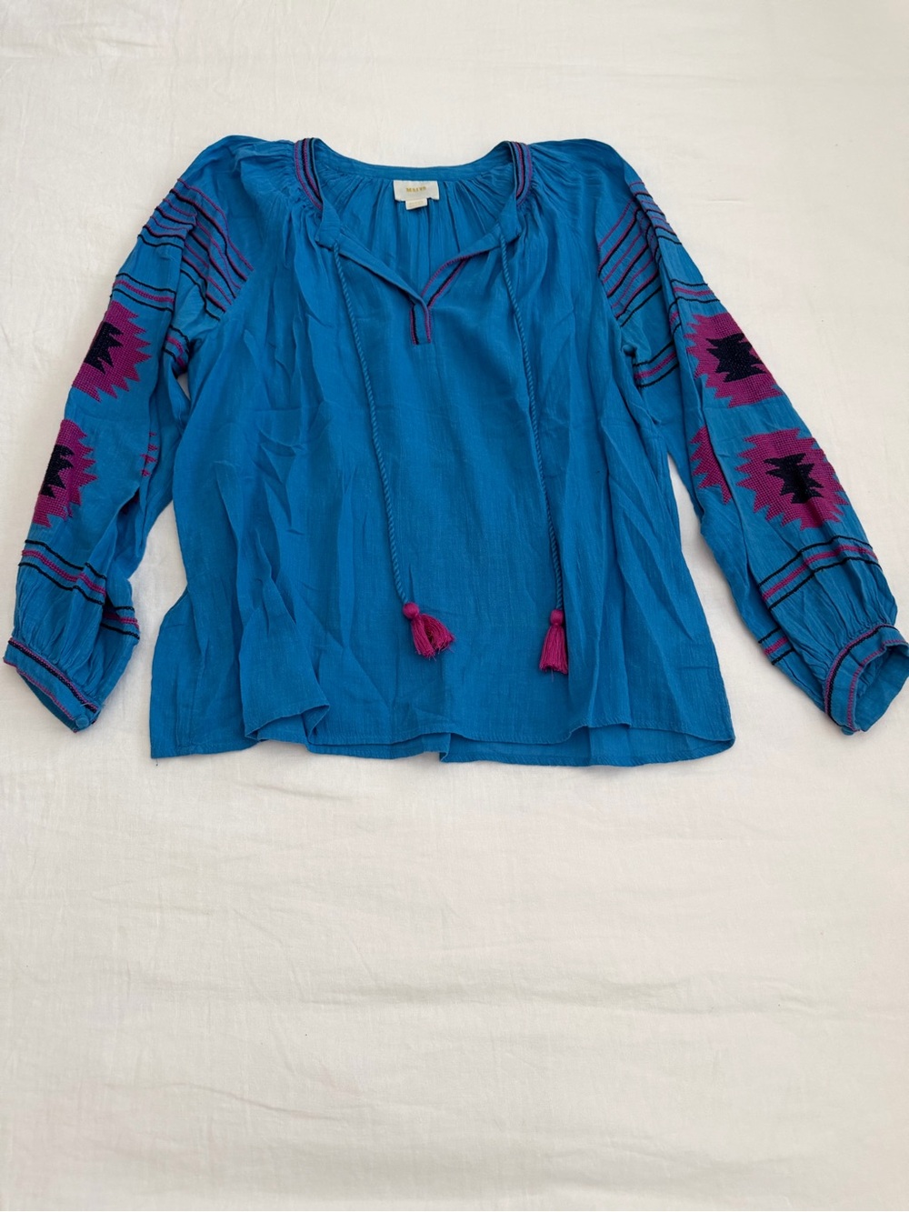 Maeve Bright Teal Peasant Blouse with Magenta & Navy Embroidery